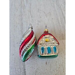 Vintage Mercury glass house spiral red green mini ornament set Xmas tree